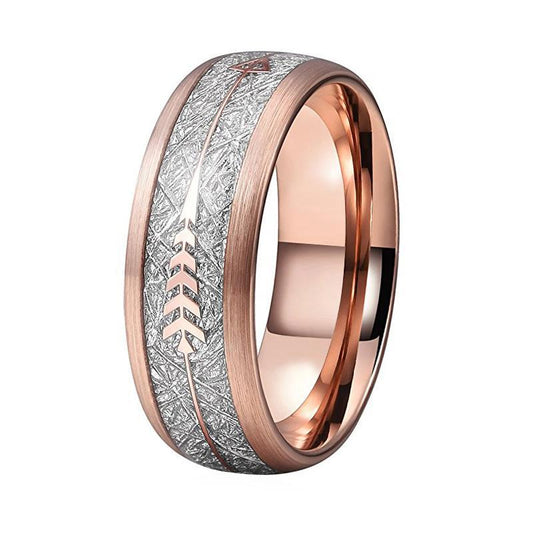 Silver Meteorite Inlay with Gold Plated Arrow and Brushed Rose Tone Tungsten Dome Shape Ring