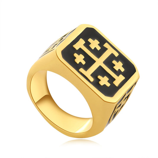 12mm Gold and Black Toned Vintage Jerusalem Cross Medieval Knight Templar Men’s Jewelry Ring - Innovato Store