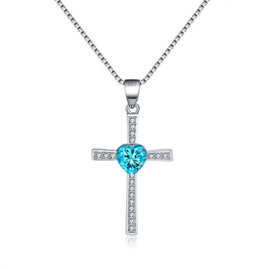 925 Sterling Silver Cross with Sky Blue Cubic Zirconia Pendant Necklace