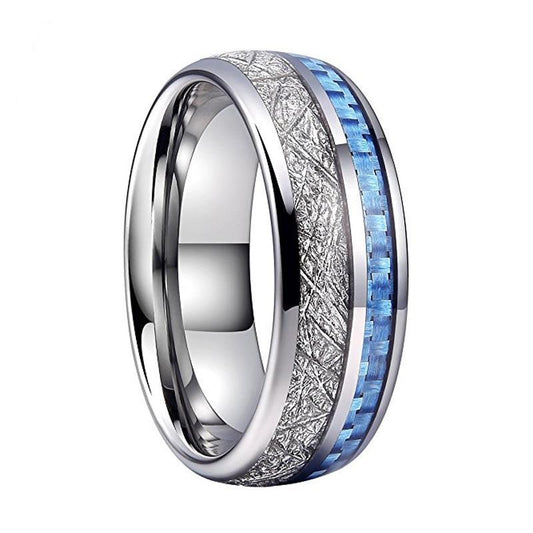 Tungsten Carbide Silver-plated Ring With Blue Carbon Fiber and Silver-plated Meteorite Inlay