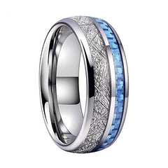 Tungsten Carbide Silver-plated Ring With Blue Carbon Fiber and Silver-plated Meteorite Inlay