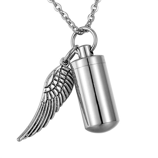 Short Cylinder with Wing Cremation Pendant Memorial Necklace