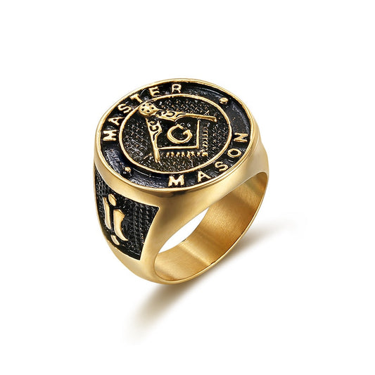 "Master Mason" Gold Plated Stainless Steel Masonic Ring with Black Inlay for Men - Innovato Store