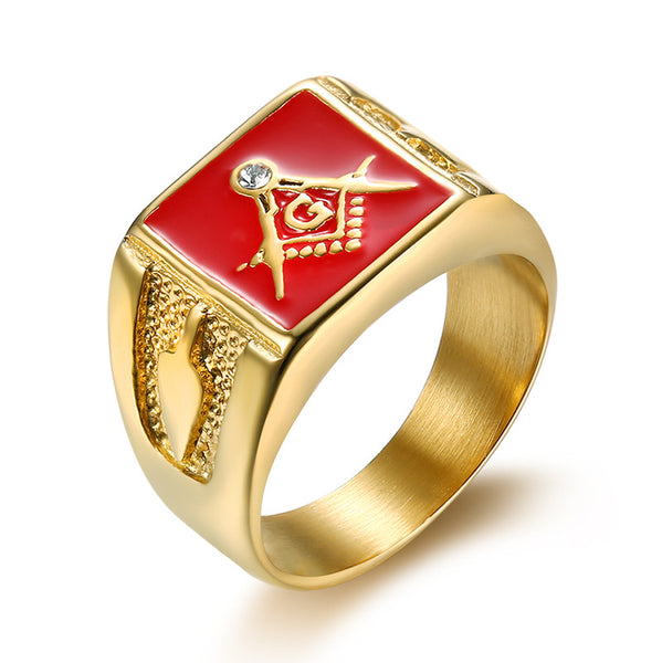 Stainless Steel Gold Plated Square Head Masonic Ring for Men