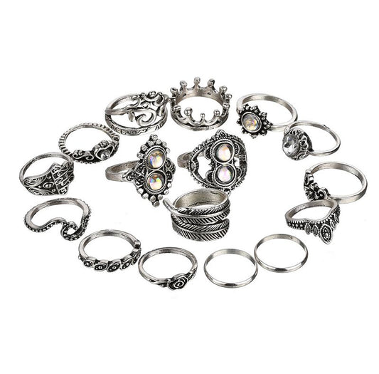 Bohemian Style Antique Silver Themed Women Knuckle Midi 16 Pcs Rings Set - Innovato Store