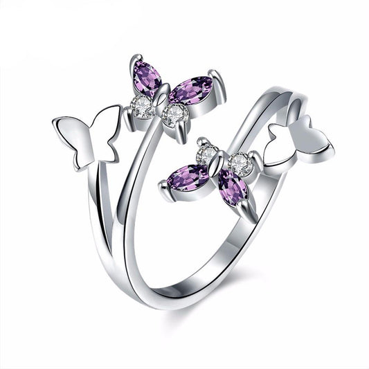 Adjustable Silver Color Copper Ring for Women with Butterfly Figures Design and Oval Purple and Round Clear Zircon - Innovato Store