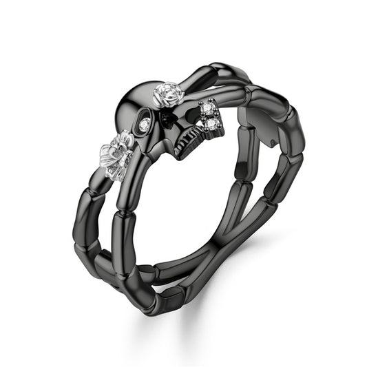 Skull and Skeleton Hand Cubic Zirconia Biker Ring