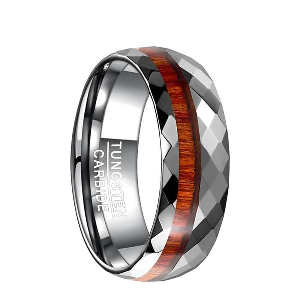Offset Hexagonal Partner Surface with Deep Wood Inlay Wedding Ring - Innovato Store
