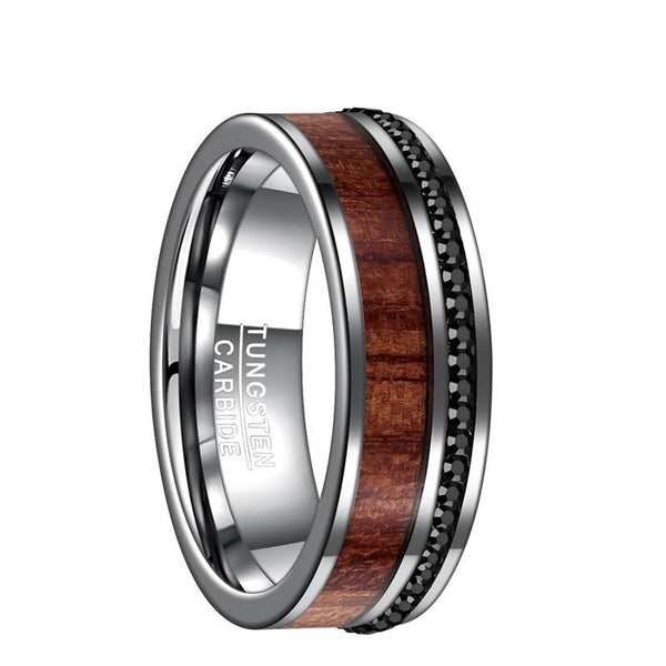 Black CZ stones with Wood Inlay and Silver Plated Tungsten Carbide Wedding Ring - Innovato Store
