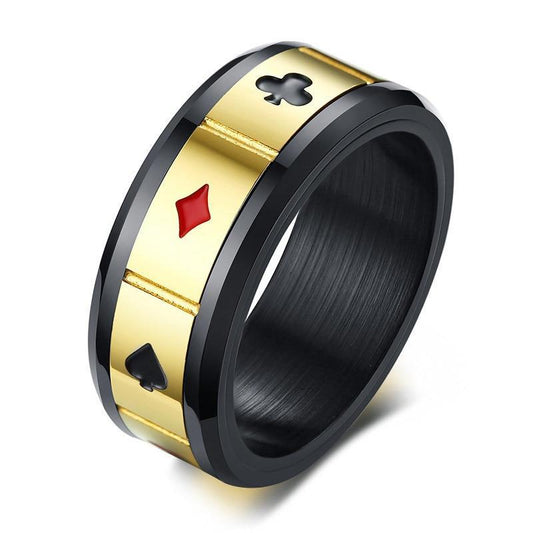 Black Spinner Tungsten Carbide with Beveled Edges and Rectangular Poker Card Shape Gold Plated Ring - Innovato Store