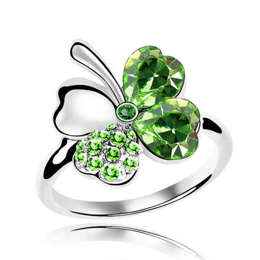 Austrian Crystal and Rhinestones Four Leaf Clovers Engagement Ring