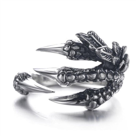 Silver Tone Copper Gothic Ring for Women and Men with Dragon Claw Design and Dragon Skin Pattern