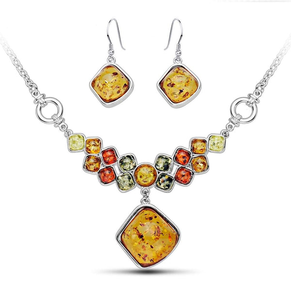 Multicolor Baltic Synthetic Amber Necklace & Earrings Jewelry Set