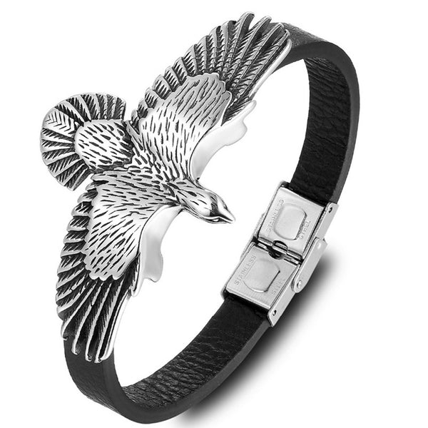 Leather Stainless Steel Eagle Bracelet for Men