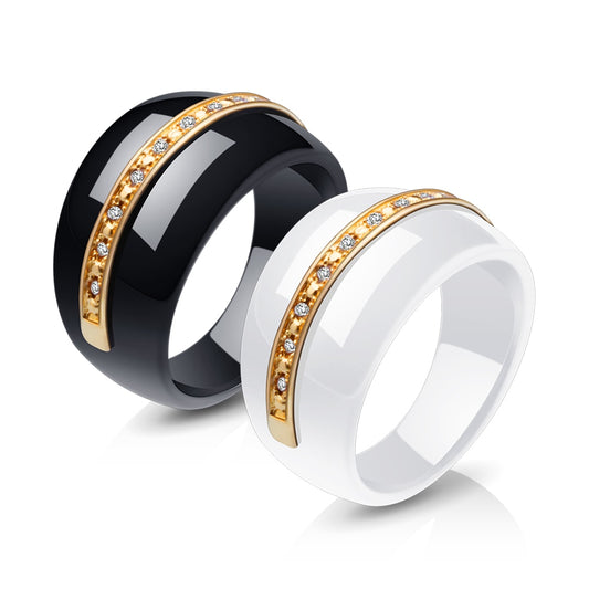 Ceramic Wedding or Engagement Ring for Woman with Gold Tone Stainless Steel Inlay and Round Silver Zircons - Innovato Store