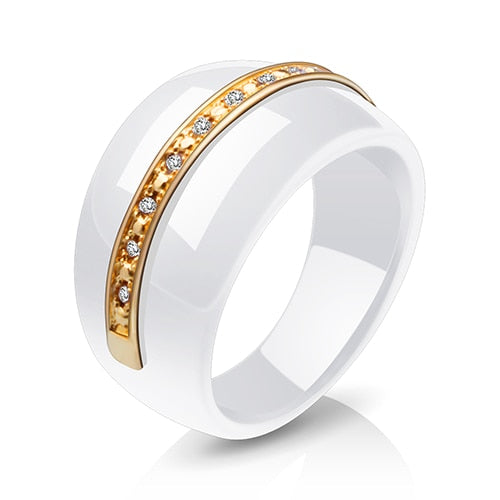 Ceramic Wedding or Engagement Ring for Woman with Gold Tone Stainless Steel Inlay and Round Silver Zircons - Innovato Store