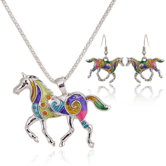 Enamel Horse Necklace & Earrings Gold Plated Jewelry Set