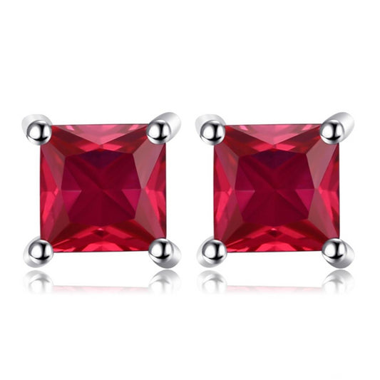 Square Red Ruby 925 Sterling Silver Stud Earrings