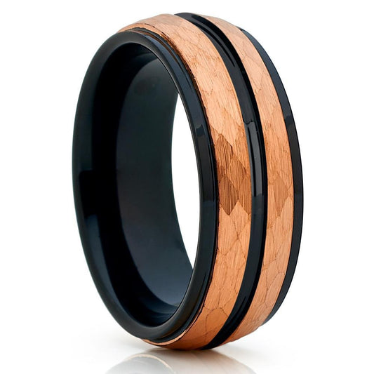 8mm Hammered Rose Gold & Black Tungsten Carbide Wedding Ring