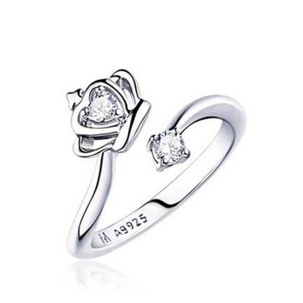 Silver Plated Adjustable Shaft and Cubic Zirconia Crystal Design Princess wedding band
