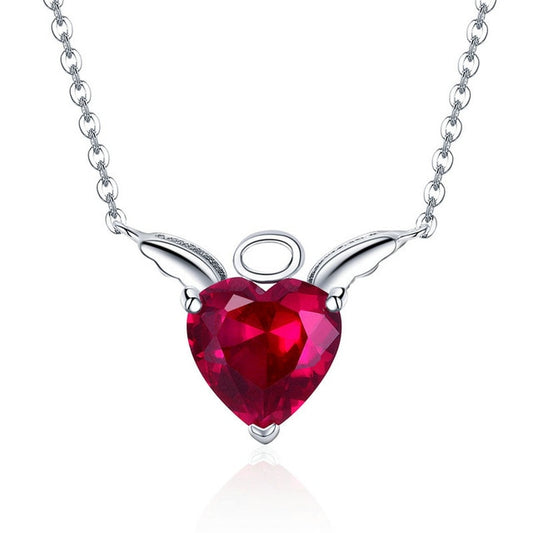 925 Sterling Silver Angel and Demon Heart Red Cubic Zirconia Pendant