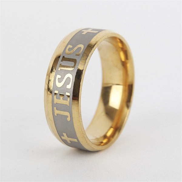 Pious Titanium 8mm Silver and Gold Toned Men’s Christian Jesus Cross Wedding Band