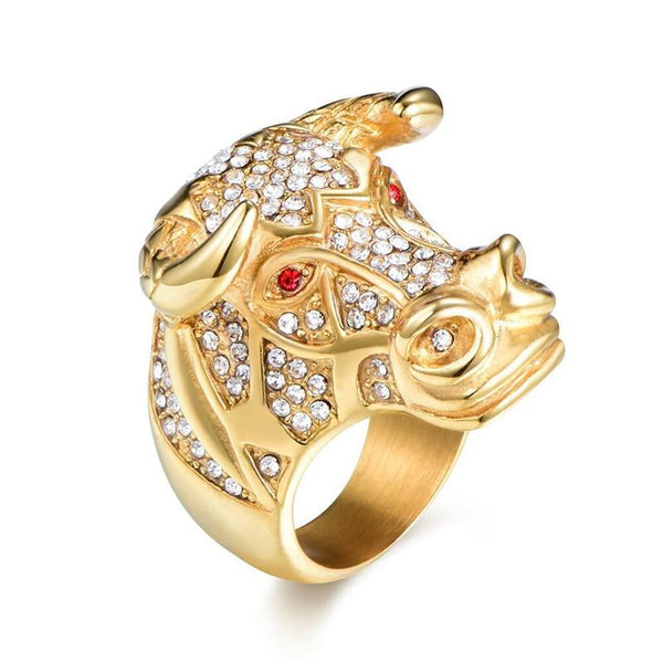 Hip Hop Bull's Head Ring with Two Red Rhinestones and Multiple CZ Stones - Innovato Store