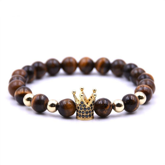 8mm Tiger Eye, Natural Stone Beads & Crown with Micro-inlaid Cubic Zirconia Beaded Bracelet