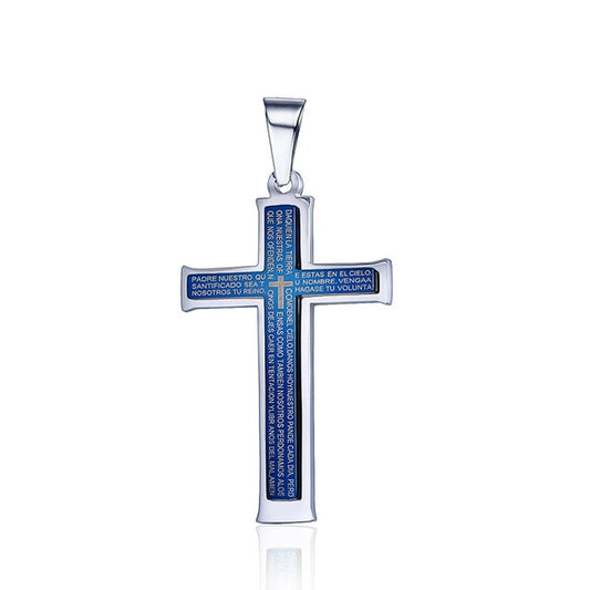 Lords Prayer Engraved Stainless Steel Blue Cross Pendant Necklace