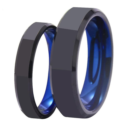 4mm & 6mm Polished Black & Blue Tungsten Carbide Wedding Band
