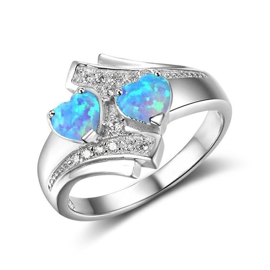 7mm White Gold Plated Moonstone Blue Heart Fire Opal Women’s Wedding Band - Innovato Store