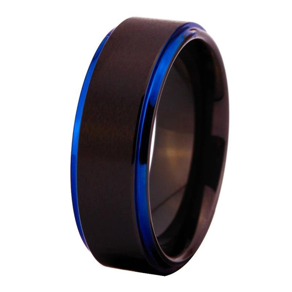 8mm Brushed Matte with Blue Edges Black Tungsten Carbide Wedding Band