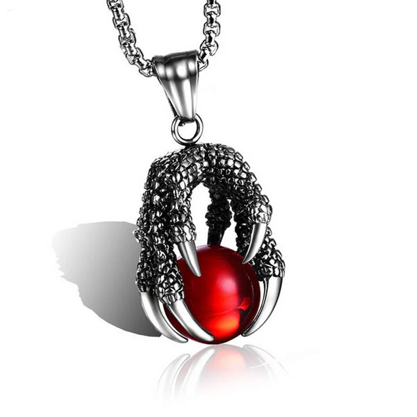 Silver Dragon Claw Holding Red Stone Pendant Necklace