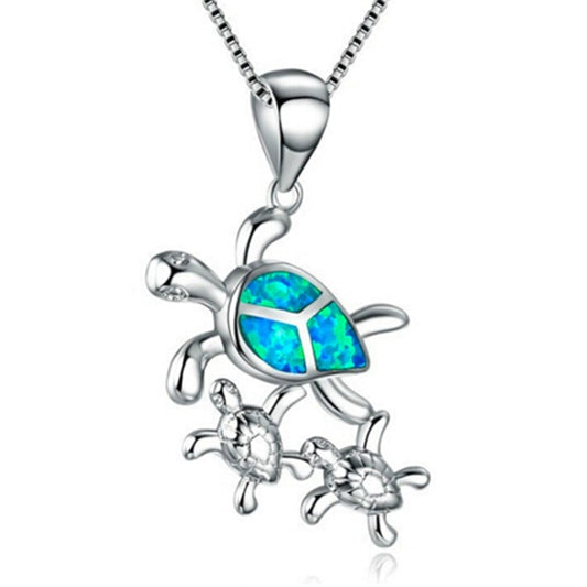 Blue Opal Sea Turtle Family Pendant Necklace Women’s Jewelry - Innovato Store