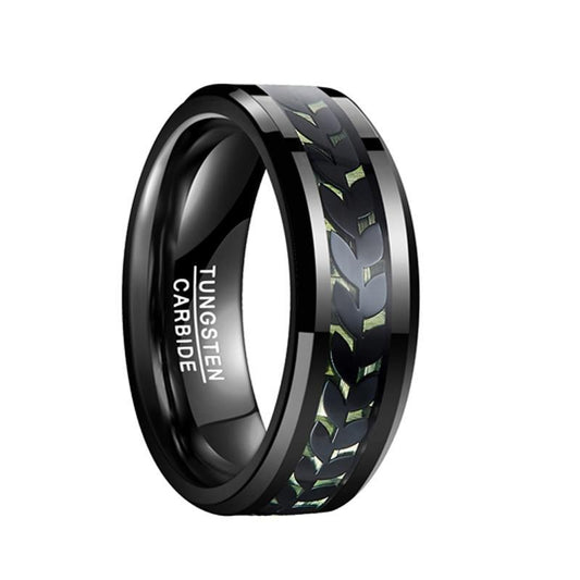 Metallic Men’s Green Carbon Inlay with Electroplated Black Leaf Carbon Fiber Tungsten Ring - Innovato Store
