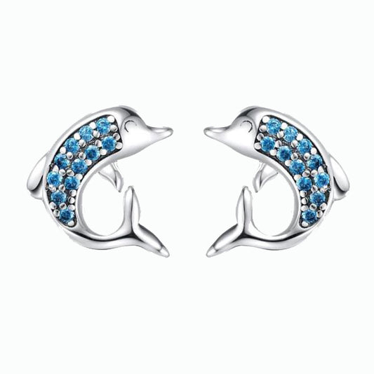 Blue Cubic Zirconia Dolphin 925 Sterling Silver Stud Earrings - Innovato Store