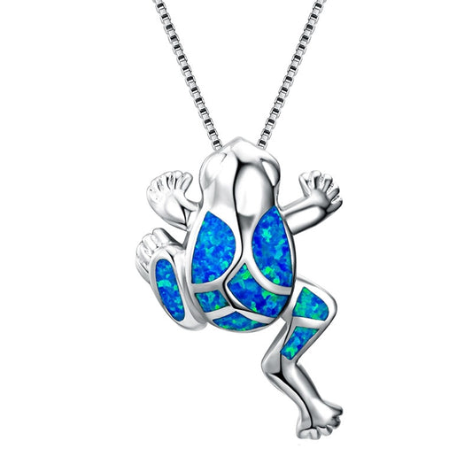 Blue Opal Frog 925 Sterling Silver Pendant Necklace