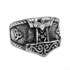 Silver and Ebony Accented Stainless Steel Tribal Thor's Hammer Men’s Ring