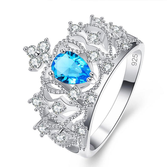 18K White Gold Plated Princess Crown Sea Blue and White Topaz Cubic Zirconia Unisex Princess Bridal Set Ring - Innovato Store