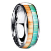 Tungsten Carbide Silver Tone 8mm Ring with Orange and Green Line Wood Pattern Inlay