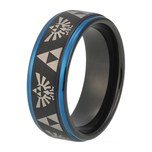 South American Symbols on Unisex Blue and Black Tungsten Wedding Band