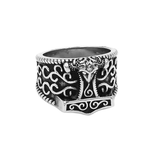 Silver and Black Toned Stainless Steel Unisex Tribal Wolf Celtic Knot Thor's Hammer Wedding Ring