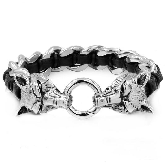 Double Wolf Head 316L Stainless Steel Bracelet with Leather for Men