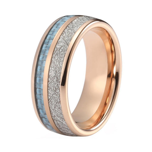 Unisex Rose Gold-Coated, Blue Carbon Fiber and Meteorite Inlay Wedding Band