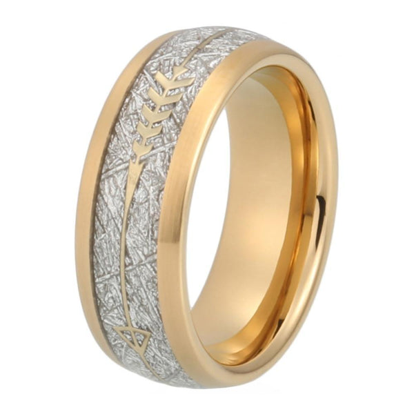 Gold Plated Bound Tungsten Carbide with Meteorite Inlay and Arrow Design Engraved Ring - Innovato Store