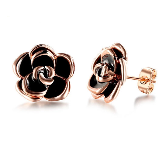 Black and Rose Gold Rose Flower Stud Earrings