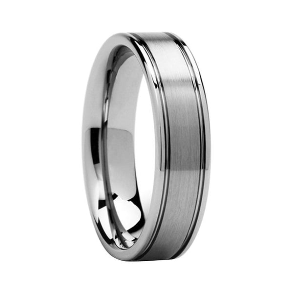 Tungsten Silver Plated Brushed Matte Ring with Groove Paths and Polished Interior