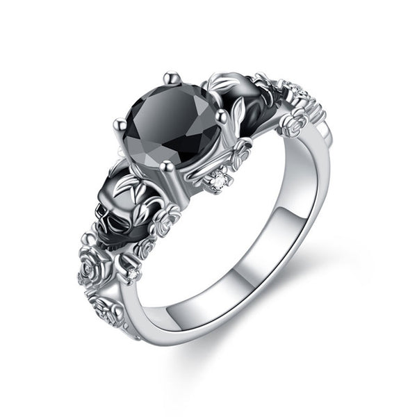 Silver Skulls, Leaves, Flowers and Crystal Gem Cubic Zirconia Wedding Ring