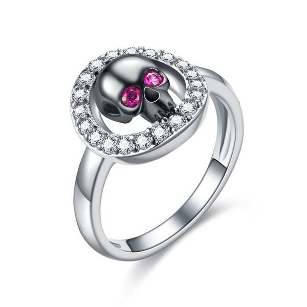 Silver & Black Skull Crystal Silver Wedding or Engagement Ring