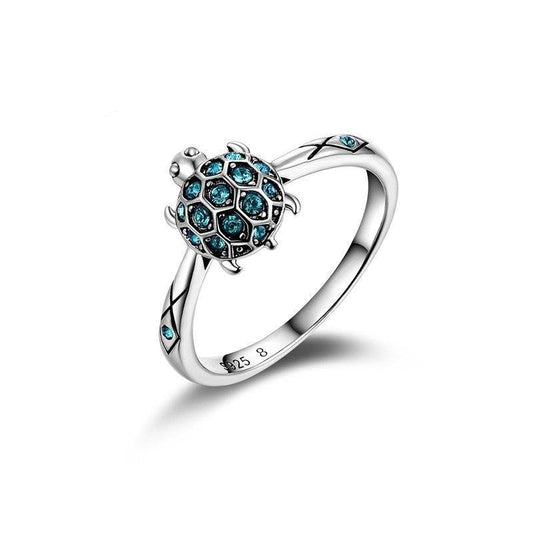 Silver Plated Turtle Blue Crystal Engagement Ring